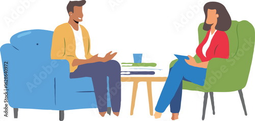 Man and Woman in Colorful Armchairs Engaging in a Counseling or Therapy Session Illustration with Neutral Background