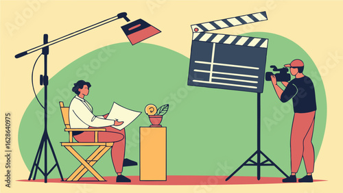 Filmmaking and video production on a studio set with director, cameraman, clapperboard, and lights. Movie shooting.