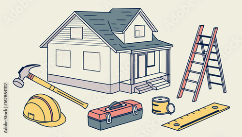 Residential house with construction tools for home renovation, building, and repair. Property improvement and DIY projects.