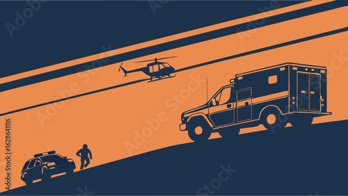 Emergency response, public safety, and crisis management with first responders. Police, ambulance, helicopter illustration.