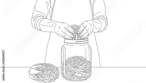 Homemade Fermentation Process: Hands Packing Cabbage into Jar Line Art Illustration