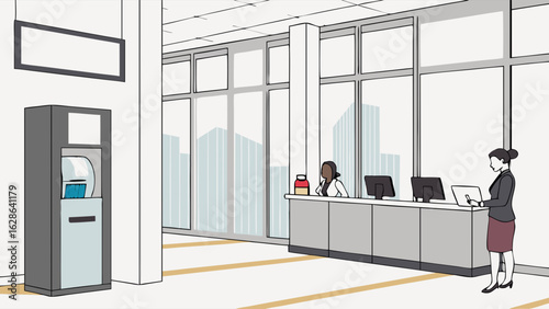 Modern bank lobby with customer service desk, staff, customer, and ATM machine. Financial business interior.