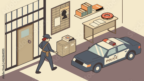 Police officer at station with patrol car and jail cell. Law enforcement, justice, crime, security, isometric illustration.