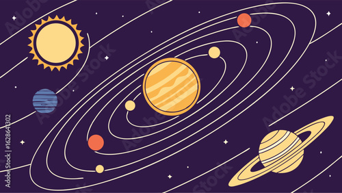 Solar System Planets Orbiting Sun. Space Astronomy Science Education Concept. Universe Cosmos Exploration Background for Kids.