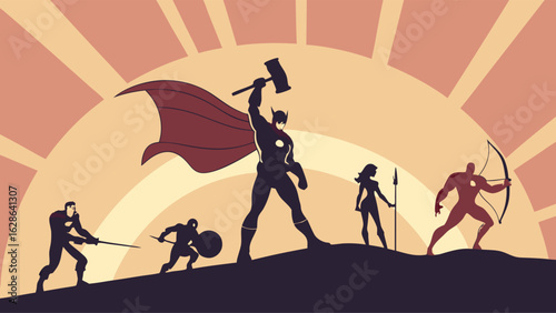 Powerful diverse superhero team silhouettes at sunrise. Group of heroes standing on a hill ready for adventure and challenge.