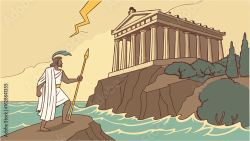 Powerful mythological god with trident on a cliff by ancient Greek temple overlooking the sea with lightning.