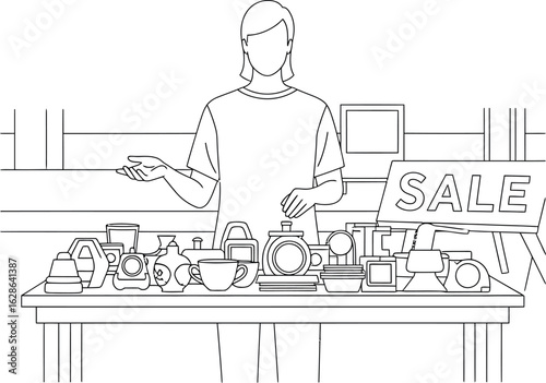 Line Art Illustration of Person Selling Second-Hand Goods at a Garage Sale