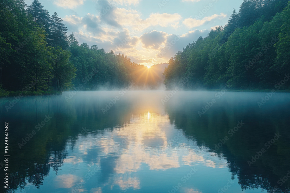 Fototapeta premium Trees reflect on calm lake under cloudy sky.