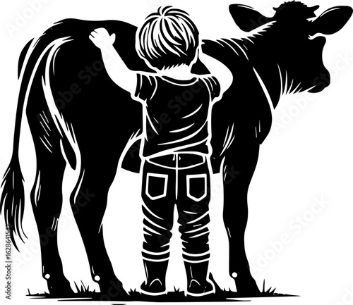 Child and Calf Silhouette – Vector Illustration of Tender Farm Moment in Minimal Black Style