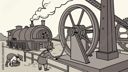 Vintage illustration of industrial revolution with steam train, workers, and old factory machinery.