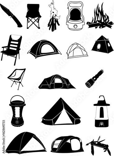 Camping Equipment Icon Set – Silhouettes of Tents, Chairs, Fire, Lanterns, Flashlight, and Tools