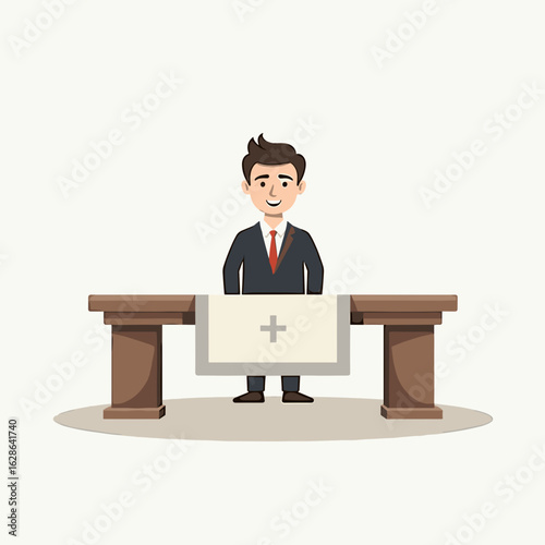 Smiling undertaker at funeral table, solemn remembrance