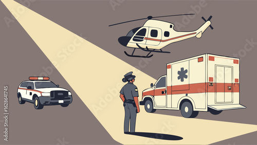 First responders and emergency services with police officer ambulance police car and helicopter for public safety.