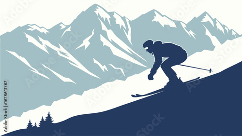 Skier on a snowy mountain slope. Winter sport and adventure. Downhill skiing recreation in beautiful snow-covered mountain landscape.