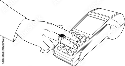 Contactless Payment with Smart Ring on POS Terminal Line Art Illustration