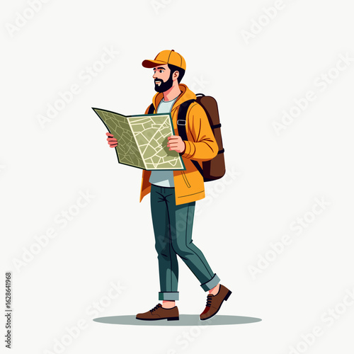Curious traveler studying map with backpack, exploring new adventures