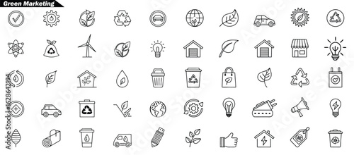Collection of Black and White Icons for Green Marketing and Sustainability eco friendly