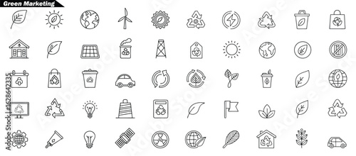 Collection of black outline eco friendly and green marketing icons sustainability