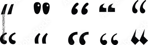 Collection of black quotation mark icons in various styles. Ideal for editorial, publishing, or graphic design use. Clean symbols for quotes, citations, and spoken text elements.