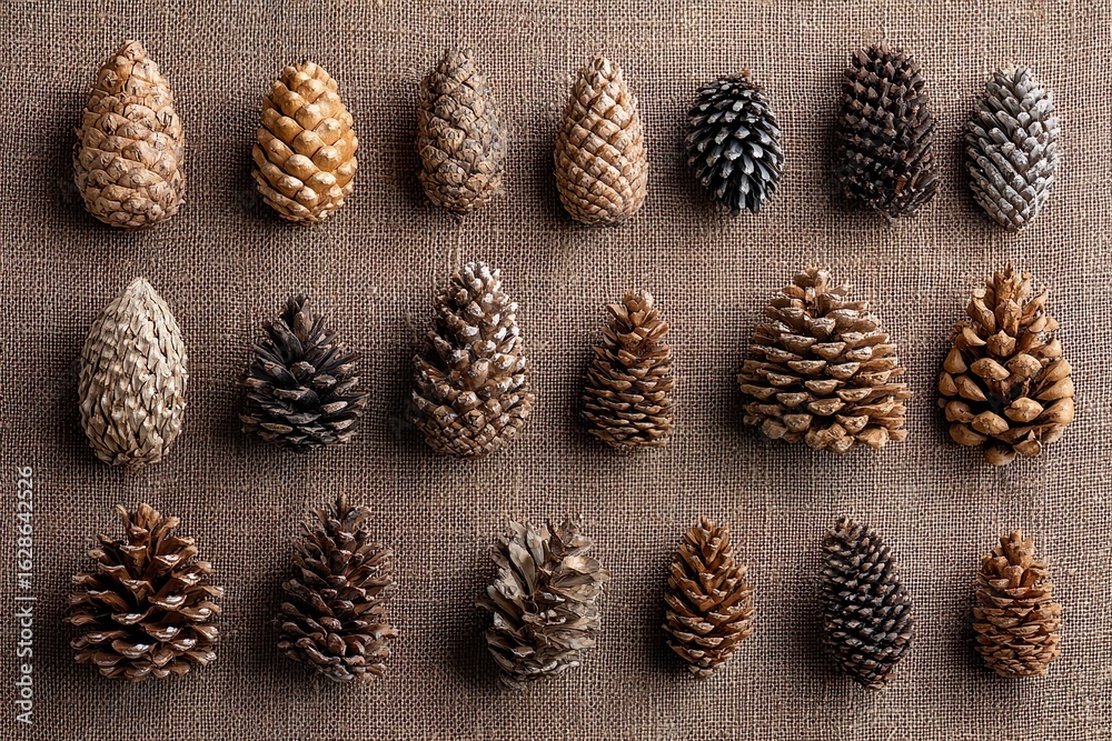 Fototapeta premium Top view of a natural collection of various pine cones arranged in rows on a textured burlap surface. The image highlights the diversity of shapes, sizes, and colors, perfect for themes related to nat