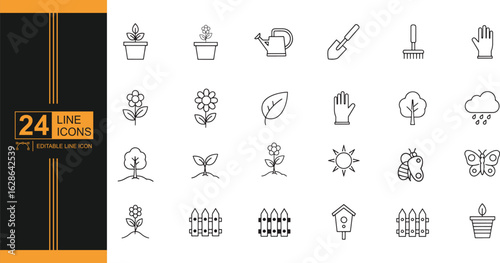 Collection of Gardening Icons and Tools for Outdoor Activities and Green Spaces Design Elements for Website or Prints