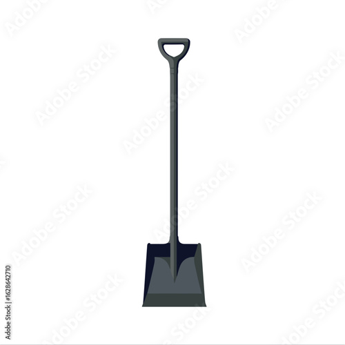 Black shovel standing upright on white background, gardening tool
