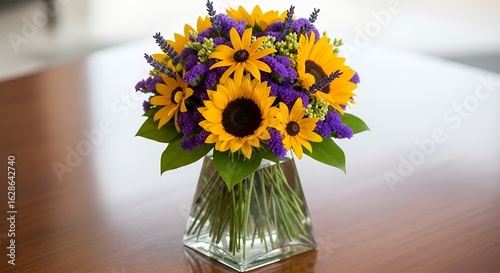 Wallpaper Mural Yellow sunflowers and purple statice flowers in a glass vase on a wooden table image Jpg clipping path, social media, Advertisement, HD photo, close up, high quality, web, banner, poster.
 Torontodigital.ca