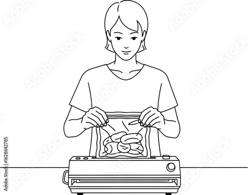 Woman Vacuum Sealing Food for Preservation - Line Art Illustration