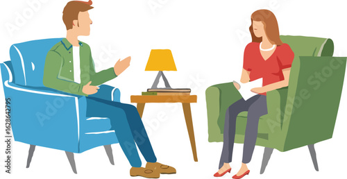Illustration of Therapy Session Depicting Two Individuals Discussing Issues in Relaxed Environment with Furniture and Accessories