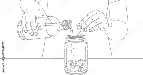 Monochrome Vector Line Art Illustration: Hands Pouring Liquid into Mason Jar with Citrus Slices