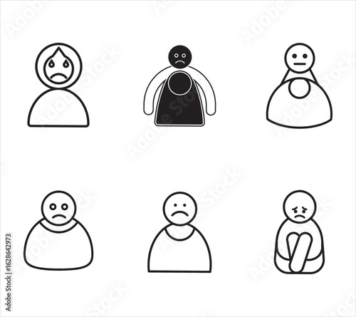 Set of Monochrome Linear Pictograms depicting Emotions and Mental States Black and White Vector Icons
