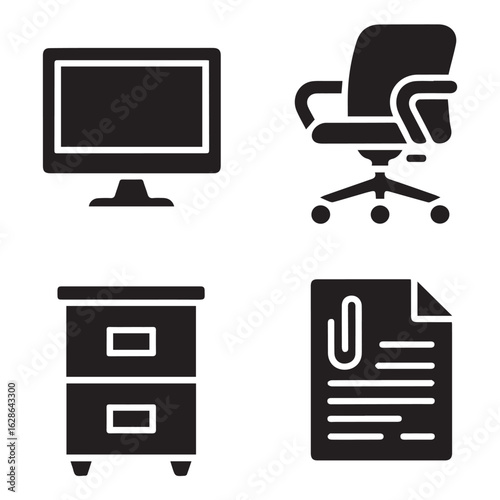 Vector art of a collection of office icons including a computer monitor, swivel chair, filing cabinet, and document with paperclip, isolated on white