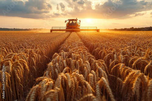 Combineer harvesting wheat in field at sunset.