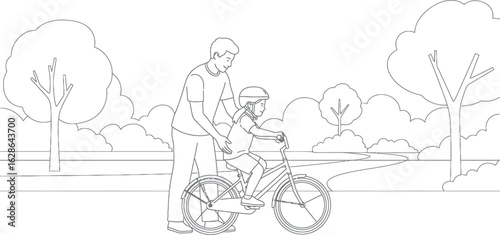 Parent Teaching Child to Ride Bicycle in Park | Childhood Learning & Support Line Art Illustration