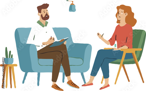 A Counseling Session Depicting a Man and a Woman Engaged in a Discussion With a Therapist in Session