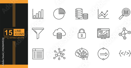 Data Science Line Icons Vector Set Representing Analytics and Insights for Business Intelligence and Machine Learning Concepts