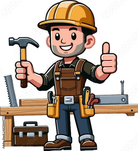 Cartoon Construction Worker – Vector Character with Hard Hat, Tool Belt, Hammer, and Workbench Background