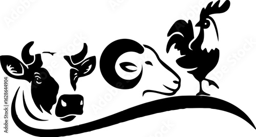 Farm Animal Silhouette Trio – Cow, Ram, and Rooster in Black Vector Composition with Curved Connecting Line