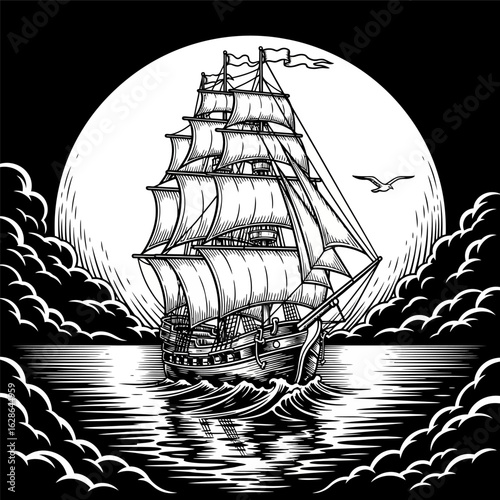 Vintage tall ship sailing at night. Nautical woodcut style vector illustration.