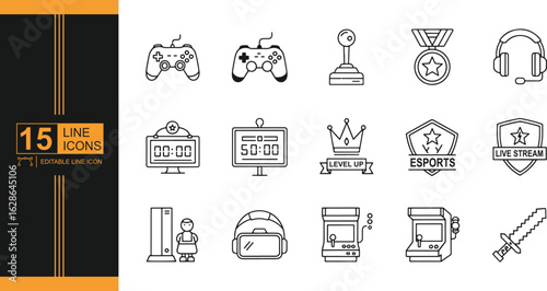 Esports and Gaming Line Icon Set Depicting Various Gaming Elements and Accessories for Digital and Print Use