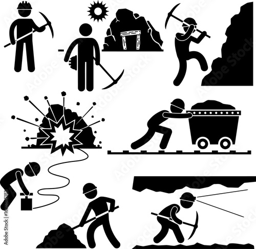 Mining Activity Icon Set – Black Silhouettes of Workers, Tools, Explosives, and Excavation Scenes in Vector Style