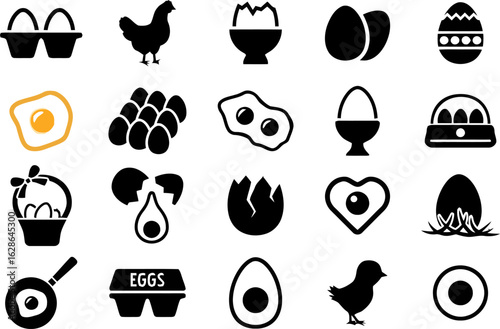 Egg and Chicken Icon Set – Black Silhouettes of Eggs, Chicks, Poultry, and Culinary Elements in Grid Layout