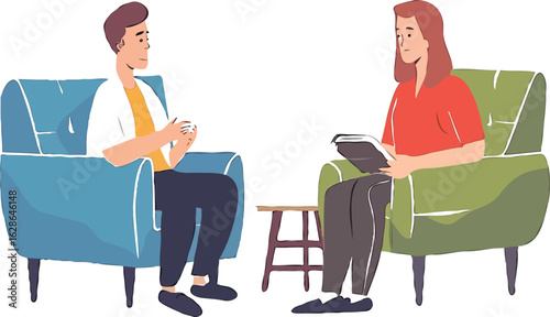 Illustration of a Therapy Session with Two People Discussing Personal Issues in Comfortable Chairs with a Table Between Them