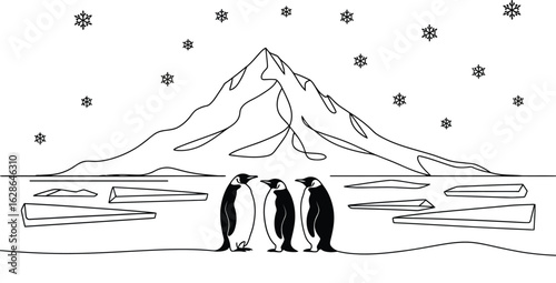 Minimalist Line Art of Penguins, Mountain, and Snowflakes in a Winter Scene