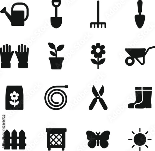 Gardening tools and nature symbols icon set. Vector agriculture silhouettes.