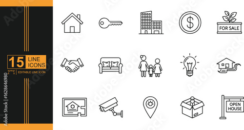 Real estate and home ownership icons vector illustration line art for property business concepts and housing marketing designs