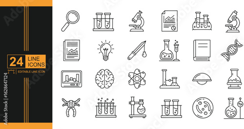Science and Research Line Icons Collection Exploring Scientific Discovery and Technological Innovation with Editable Vector Graphics