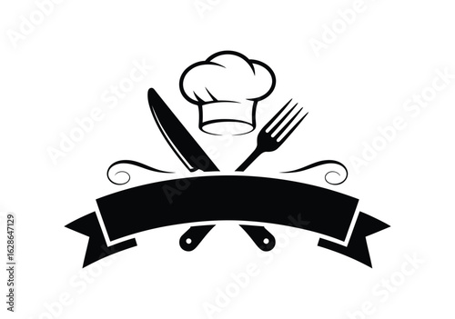 chef logo with hat above crossed fork and knife, blank ribbon banner underneath symbolizing culinary service, cooking, and restaurant branding
