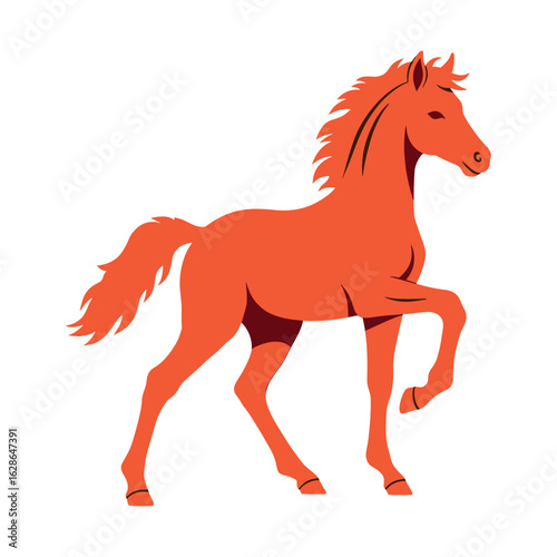 Stylized foal illustration in vibrant orange color in a playful pose