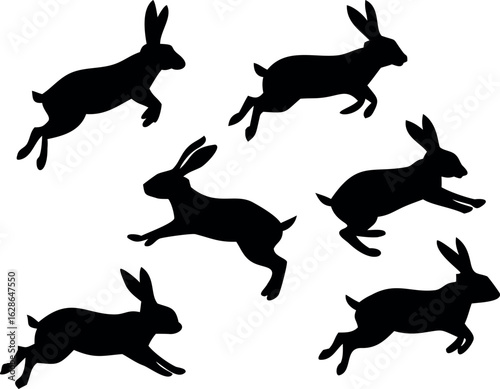 Silhouettes of jumping and running rabbits in various poses
